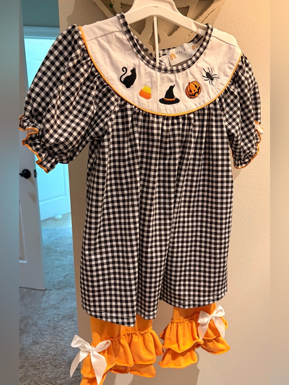 Girls Black & White Gingham Halloween Costume Dress with Orange Ruffle Pants